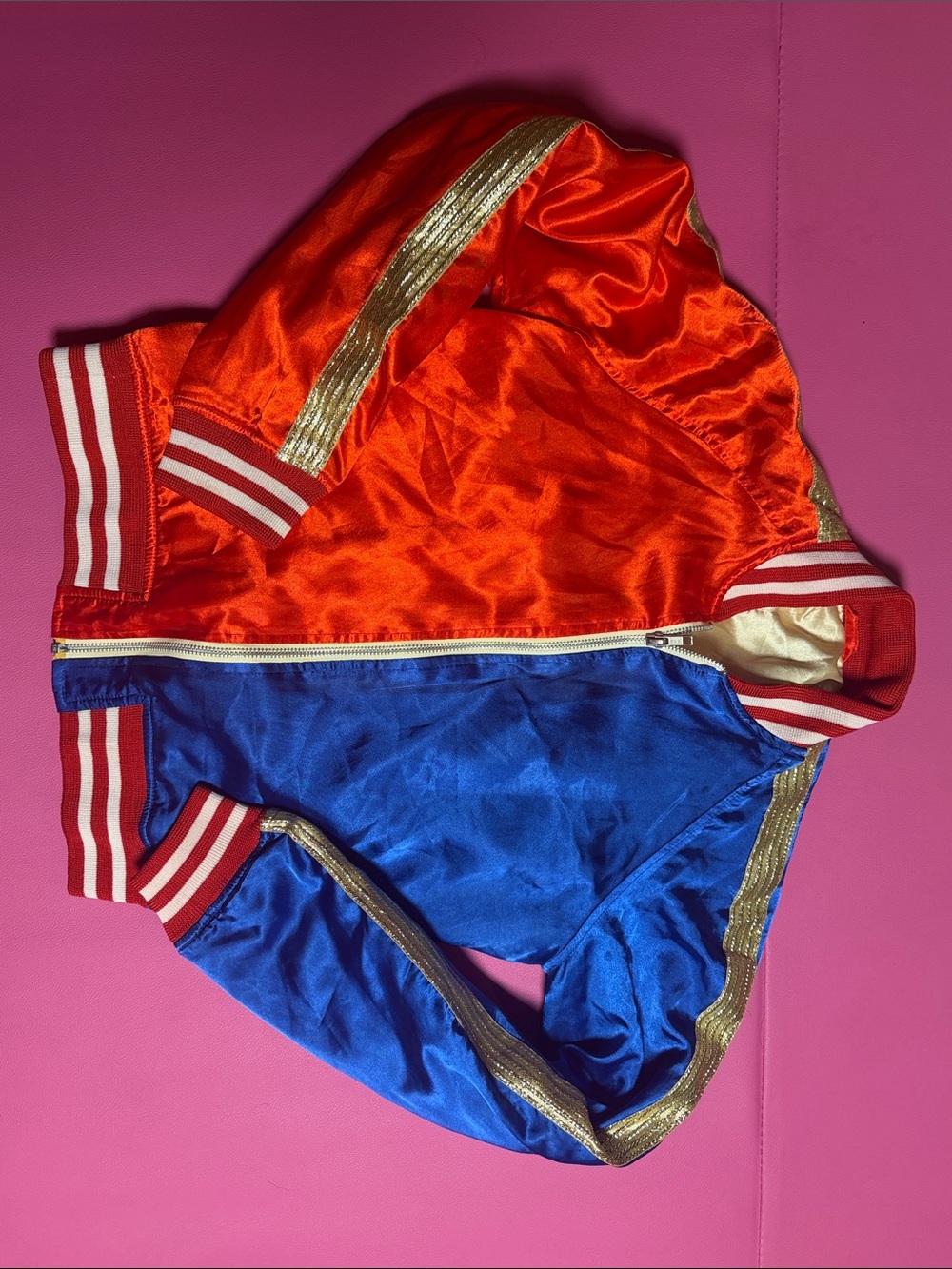 Two-Tone Red & Blue Satin Bomber Jacket with Gold Trim
